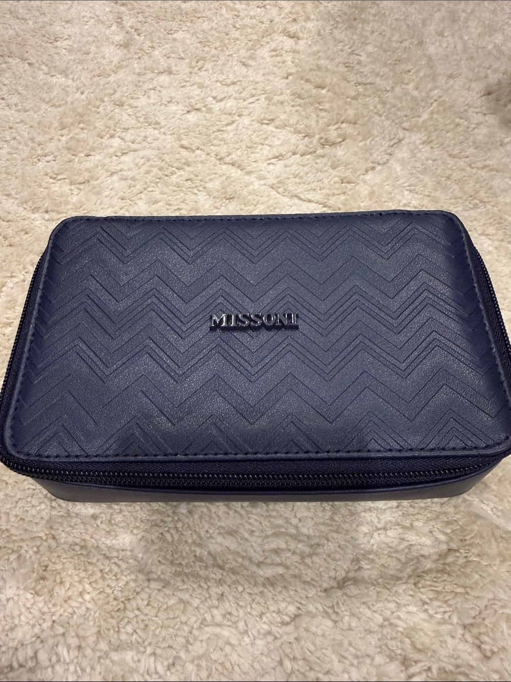 Missoni Navy Chevron Quilted Toiletry case. Delta One collaboration with Missoni